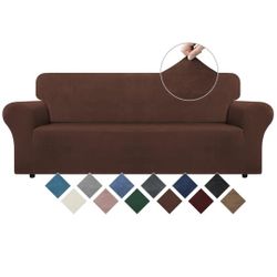 WEERRW Velvet Couch Cover for 3 Cushion Couch Covers - Stretch Sofa Slipcovers with Non Skid Foam and Elastic Bottom, Furniture Protector for Pets, Cr