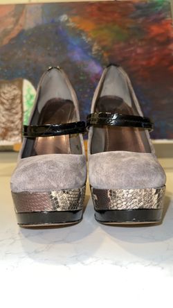 Jessica Simpson Gray Suede Mary Jane Platform Pumps with Snakeskin Accent
