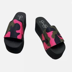 Jessica Simpson Slip On Platform Sandal Slide Sz 7 Pink Camo NEW