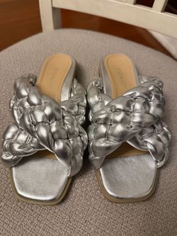 Vionic Kalina Braided Slides Flat Sandals Sz 7 Metallic Silver Cushioned Comfort