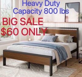 BIG SALE FULL Queen Size Bed Frame, Heavy Duty Metal Platform Bed with Wooden Headboard & Footboard