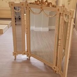 Louis XVI Style Ornate Trifold Vanity Mirror