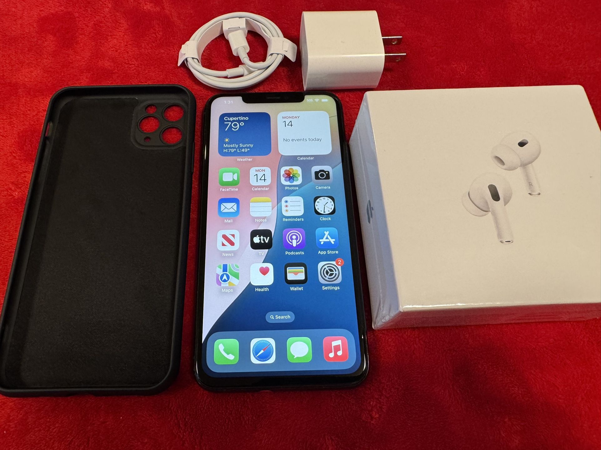 iPhone 11 PRO MAX, 256GB, Unlocked, OLED, Brand New AirPods Pro 2nd Generation, Charger, Case
