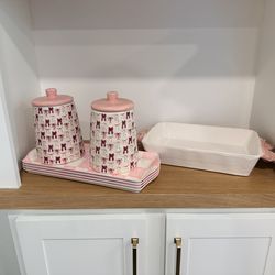Pink Bow canisters, 4 platters, and deep dish