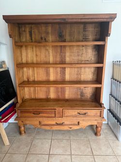Rustic Pine Wood Hutch Bookcase with Drawers