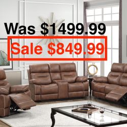3 Piece Brown Reclining Sofa Set ( Loveseat with Console & 2 Cup Holders & a Storage) 