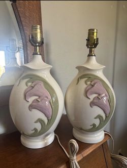 Vintage Ceramic Table Lamps Pair Calla Lily Floral Raised Design Set of 2