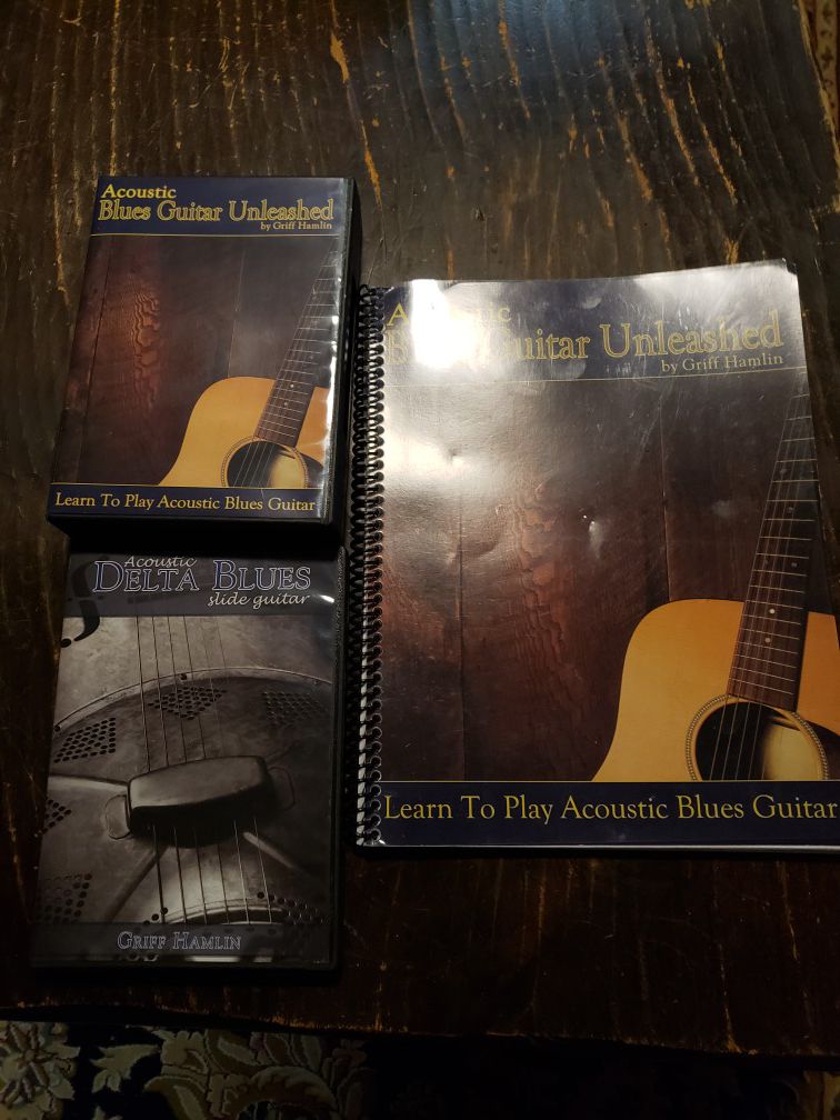 Acoustic blues guitar unleashed dvd course with lesson book and bonus slide guitar program. Like new condition. 197.00 retail.