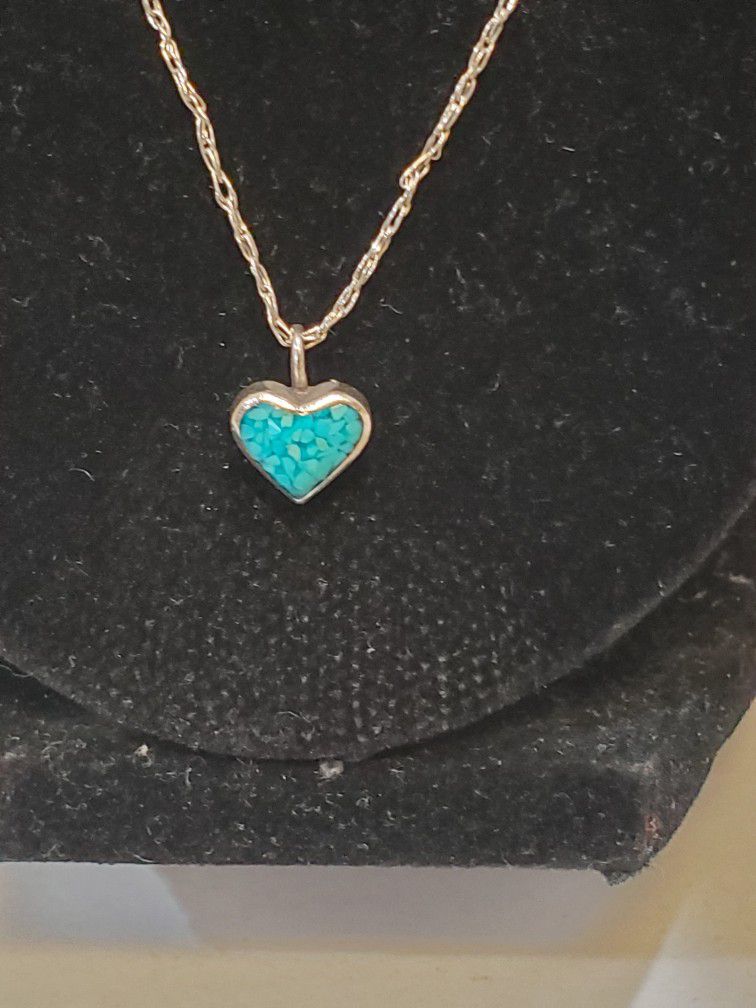 925 Sterling Silver Heart Pendant Necklace With Turquoise Color Stones
