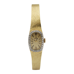 Ladies Omega Vintage 14K Yellow Gold Automatic Watch with Mesh Band Gold Dial and Diamond Bezel. (Pre-Owned)