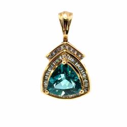 Woman’s Ladies 14k Yellow Gold Trillion Cut Blue Gemstone and Diamonds .78 CTW Pendant for Necklace 1” Inch GP3115874