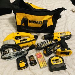 DeWALT Power Tool Set One Brand New Jigsaw & Hammer Drill 2 Batteries Brand New 25ft Heavy Duty Measuring Single 8V Battery & 18v With Wood Blades 