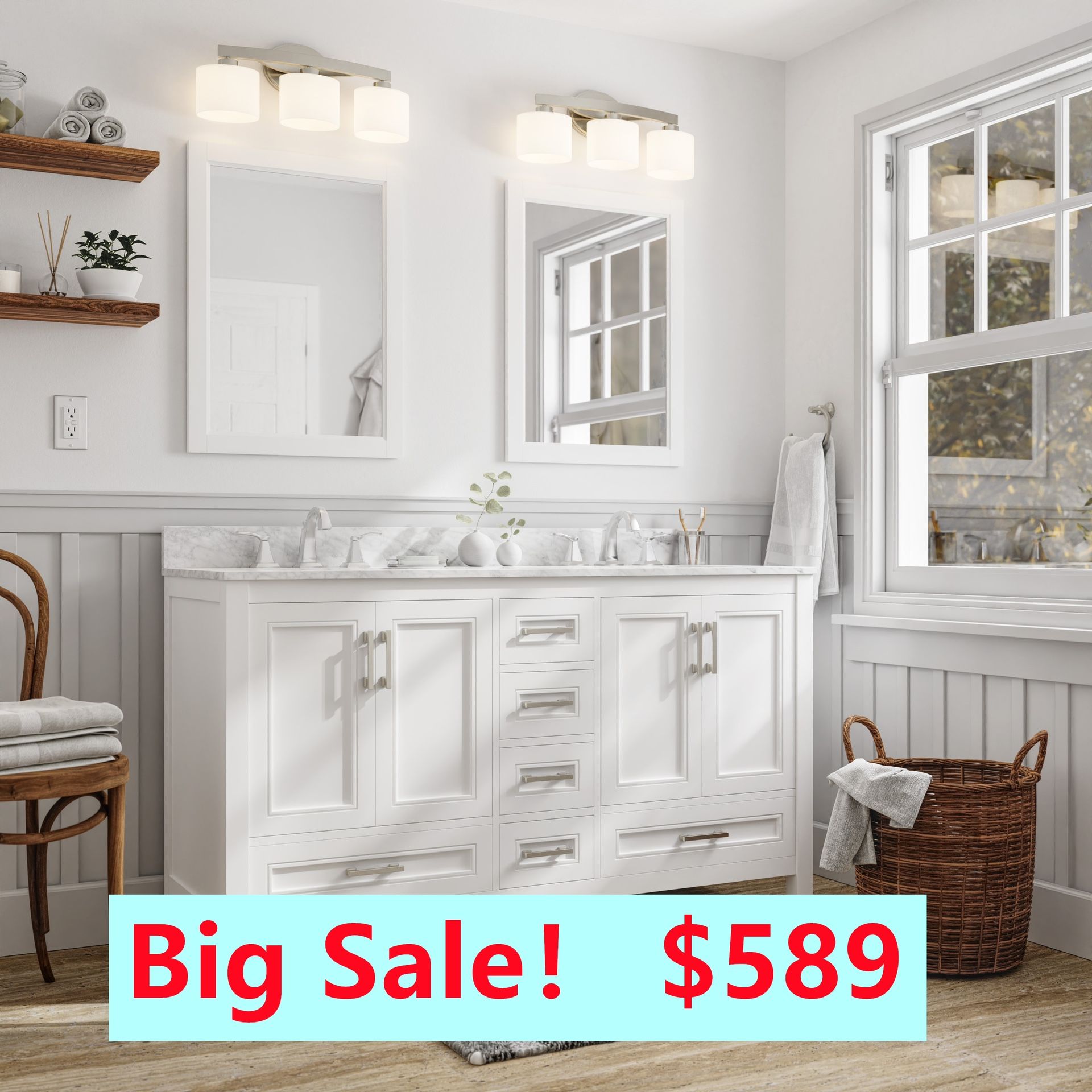 60 in White Undermount Double Sink Bathroom Vanity with Carrara Natural Marble Topar303x7103
