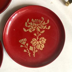 Vintage Japanese Lacquerware 5 piece Coaster Set Red With Gold Botanical 