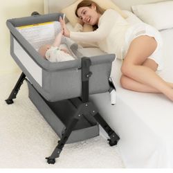 Baby Bassinet Bedside Sleeper, Bedside Crib for Baby, Adjustable Baby Bassinet with Wheels, Storage Basket, Mattress, Easy Assemble & Folding Portable