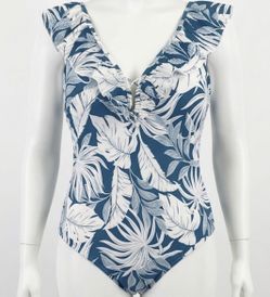 Profile By Gottex Tropical Ruffle Swimsuit Women’s 16 Teal/White One Piece VNeck
