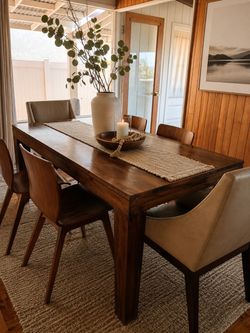 West Elm solid walnut dining table and chairs Mid Century