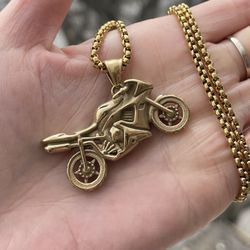 Mens 10k Gold Plated Motorcycle biker Pendant Necklace Stainless Steel Chain