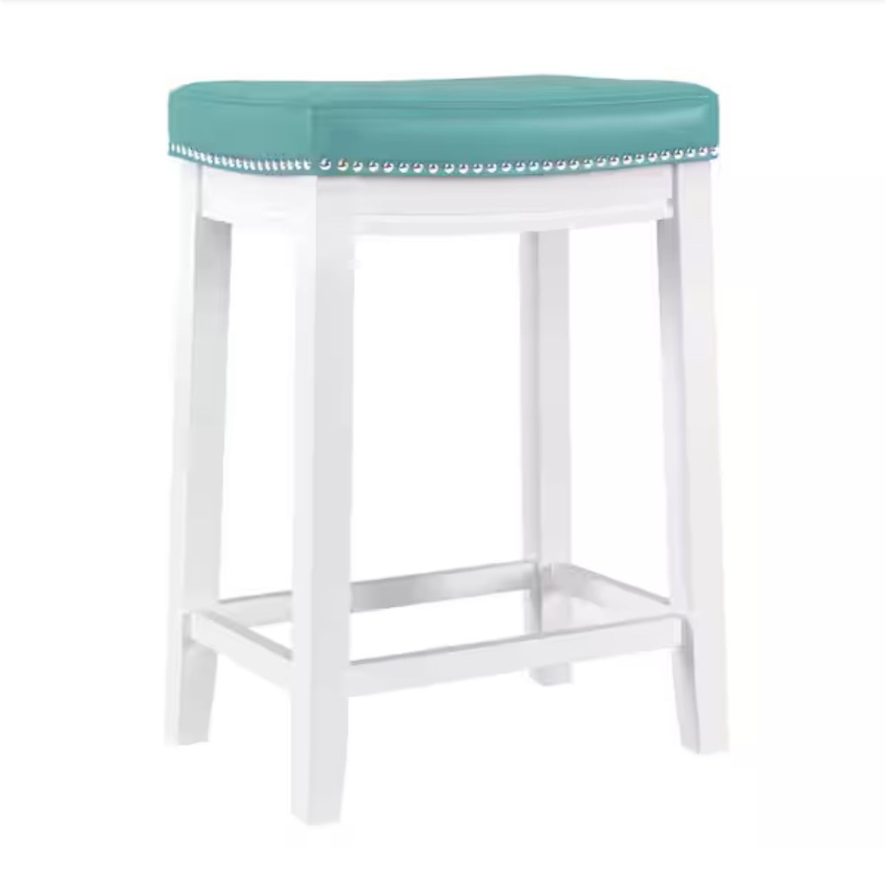 Concord 26.5 in. White and Teal Blue Backless Wood Counter Stool with Faux Leather Seat