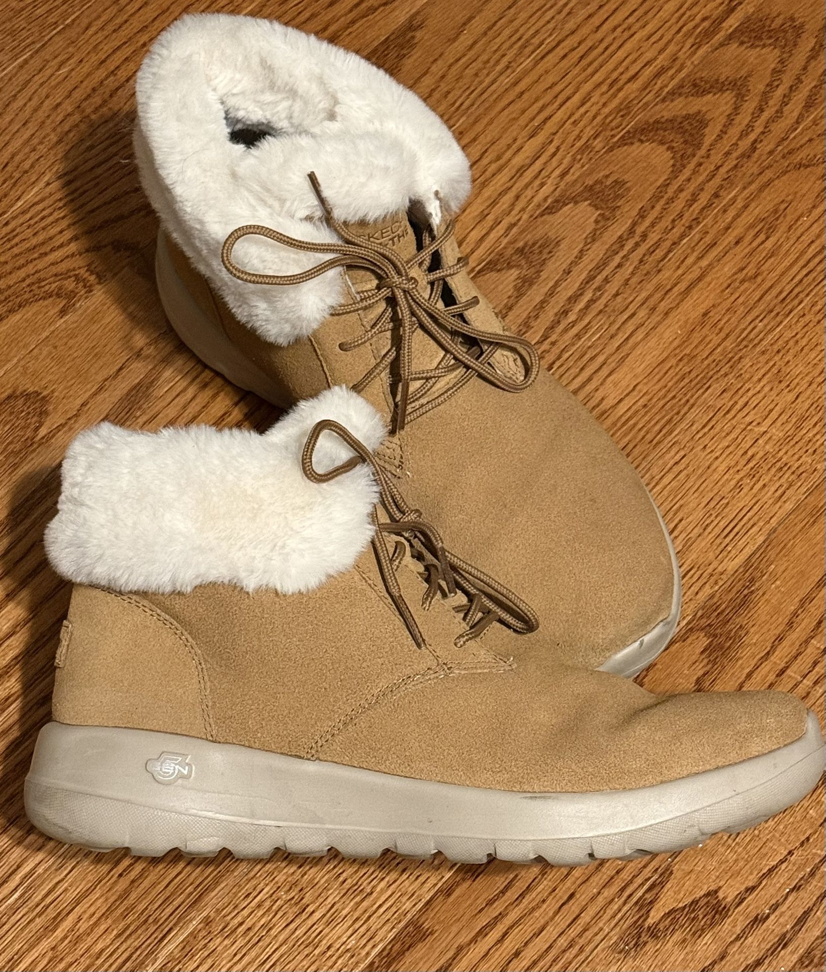 Skechers On-The-Go Air Cooled GoGa Mat Boots Tan Suede Leather Fur Women’s 10
