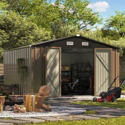 New Heavy Duty 10' x 10' Metal Tool Storage Shed with Lockable Doors for Outdoor Garden Patio Backyard, Brown  New in box ps23 0406c *  * Superior Dur