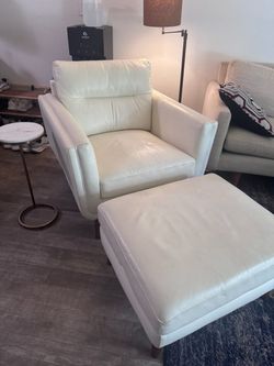 White Leather Accent Chair with Ottoman