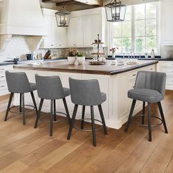 26”H Faux Leather Swivel Wood Bar Stool, Dark Gray (Set of 4)