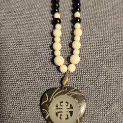 Beautiful Vintage Necklace With Black Onyx And Bone Beads. Jade Pendant Heart Shape.