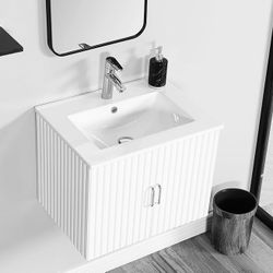 Mounted Bathroom Vanity with Ceramic Sink, Floating Single Basin Wooden Lavatory Vanity Cabinet Combo with Storage Shelves & Duo Doors, Closet Vanitie