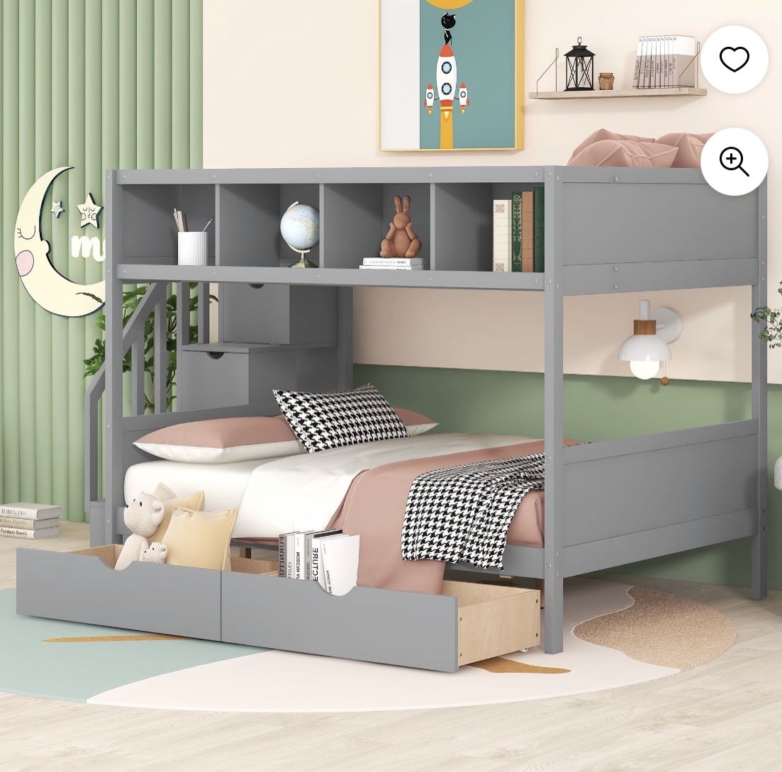 Churanty Twin Over Full Bunk Beds with Staircase and Drawers, Wooden Bunk Bed Frame with Storage Shelf for Kids, Gray