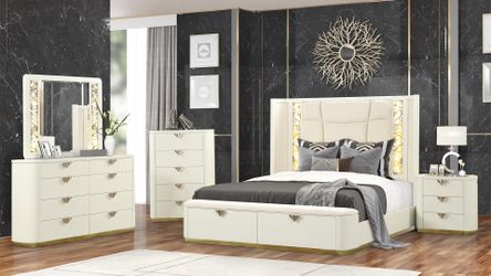 La pierre-4pc Queen Bedroom Set - Modern Cream & Gold Storage Bed LED. Delivery/Finance Available.