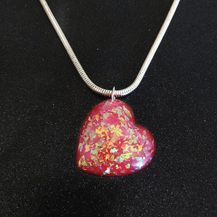 Red Fire opal (faux) heart shaped pendant on 20" silver snake chain necklace new