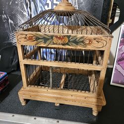 Vintage Handmade Wooden Hummingbird Cage With Rose Vine Decoration