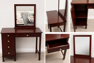 Cherry Wood Vanity Desk with Mirror & Storage Cabinet