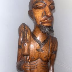 Vintage West African Statue in Carved Wood, Hunter Gatherer