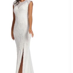 Mac Duggal 2127M Sheer Back Cap Sleeve Dress Size 10 ($598) White