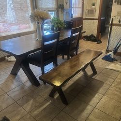 Farmhouse kitchen oak table with chairs and bench