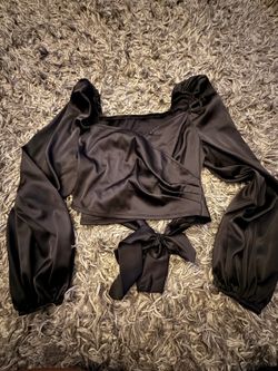 Black Satin Wrap Crop Top Puff Sleeves Waist Tie