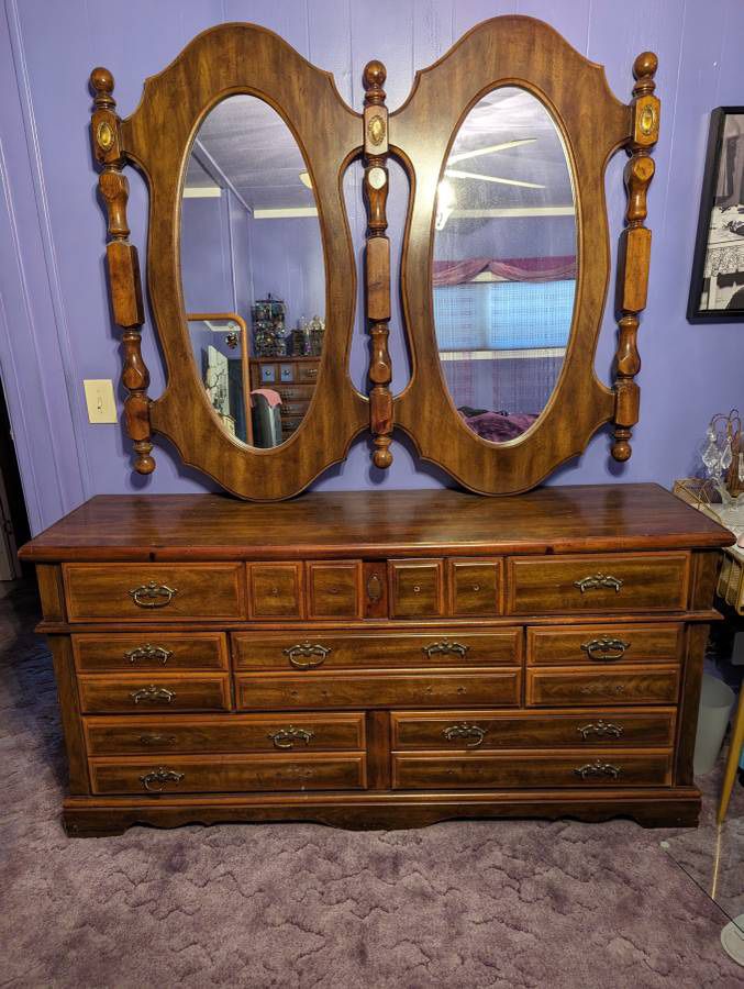 Vintage Solid Wood Dresser And Mirror