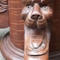 Rare Lion Head Face Antique Oak Pedestal Dining Table 
