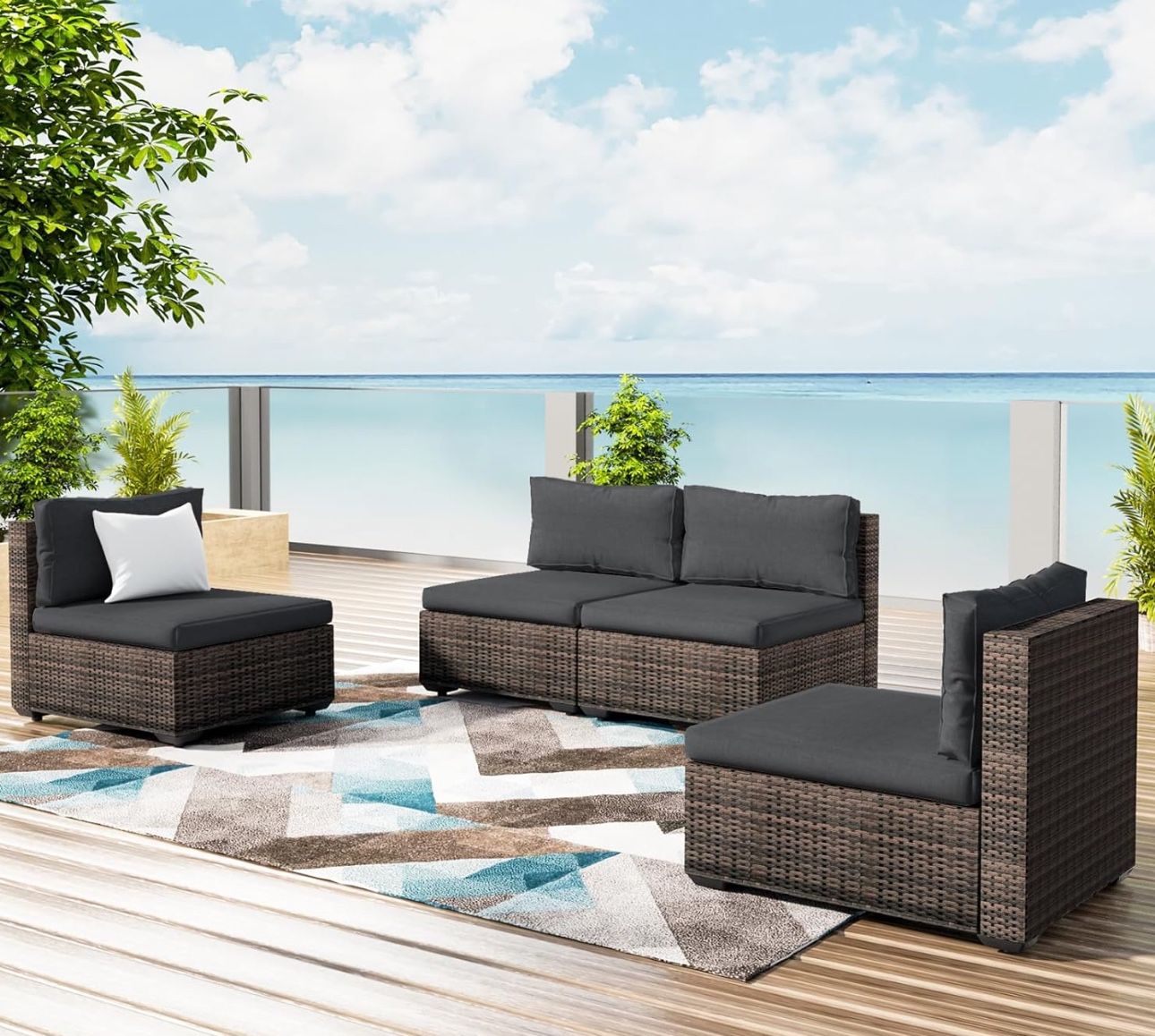 Grezone 4 Pieces Patio Furniture Set, All Weather Outdoor Sectional PE Rattan, Patio Conversation Sets 