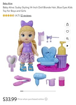 Baby Alive: Sudsy Styling 14-Inch Doll Blonde Hair, Blue Eyes Kids Toy for Boys and Girls
