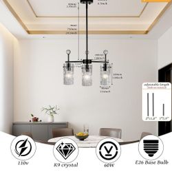 3-Light Black Glass Pendant Light, Adjustable Downrod