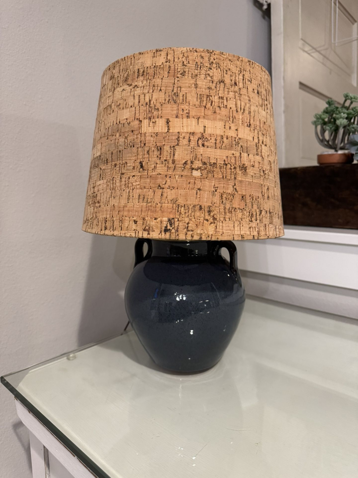 Old Time Pottery Lamp And Cork Shade.