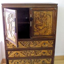 Chinese 3D Hand Carved Teak 3 Drawer Wardrobe Dresser With 2 Doors