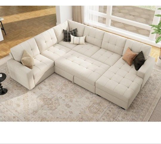 HONBAY Sleeper Sectional Sofa, U Shaped Sectional Couch, Sofa Bed Couch, Beige