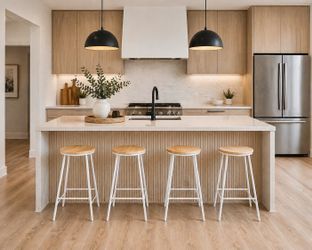 4 Barstools, White Metal and Natural Wood, Brand New in Box