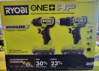 Tools for Sale
Ryobi 18V Brushless Cordless 1/2 in. Drill/Driver and Impact Driver Kit