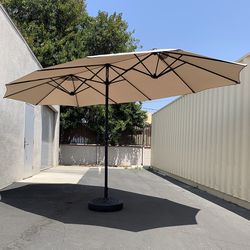 (New) $130 Large 15x9 FT Double Sided Umbrella with Weight Base set (Beige color) 