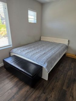 ​Bed Frame with Mattress & Black Leather Storage Bench Set